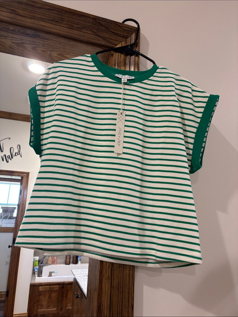 She + Sky Green and White Striped Short Sleeve Tee - Picture 1 of 1